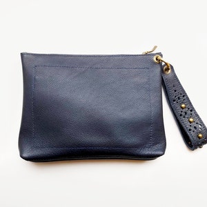 Leather wristlet clutch, Navy clutch bag with luxurious wrist strap image 4