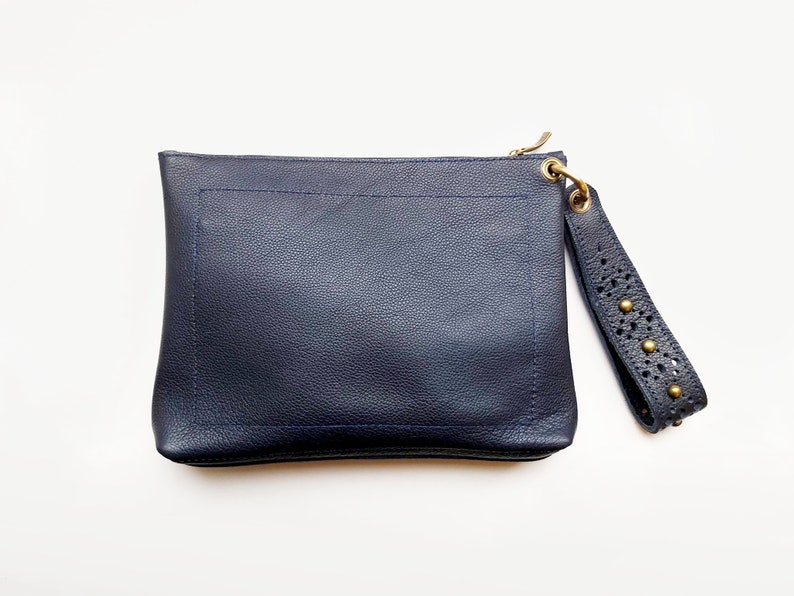 Leather wristlet clutch, Navy clutch bag with luxurious wrist strap image 4