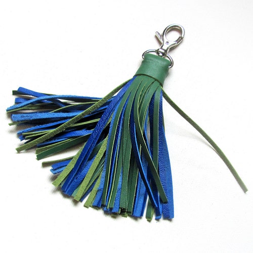 Leather Tassel Green and Blue Tassel Keychain Etsy