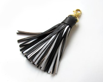 Leather Tassel, Large Black and White tassel keychain