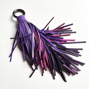 Puede incluir: Una borla decorativa con numerosas tiras finas y planas en tonos morado, magenta y negro. Las tiras están reunidas en la parte superior y aseguradas con una banda morada a juego, unida a un anillo metálico oscuro para colgar el objeto.