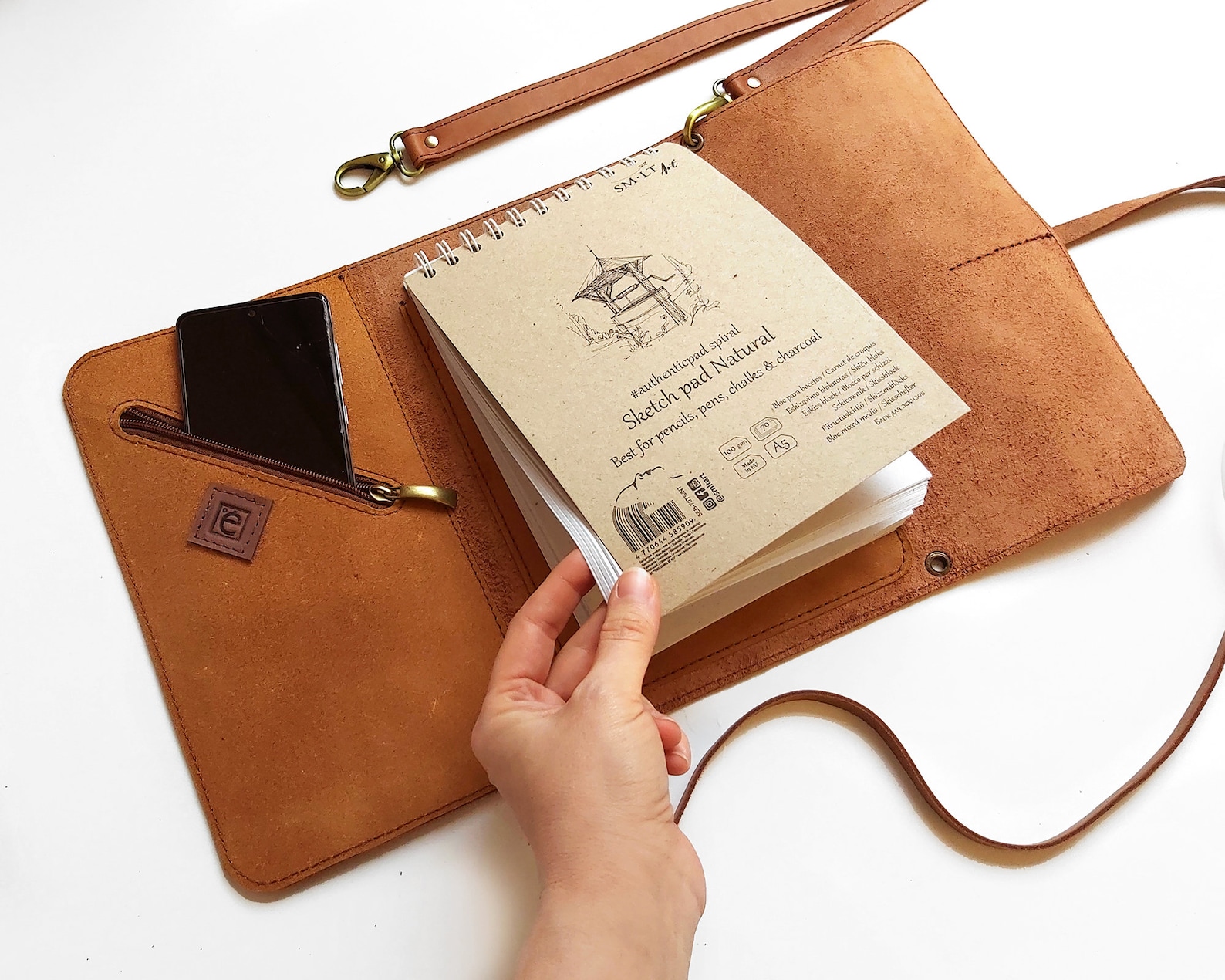Leather Sketchbook Case With Pen Holder and Cross Body Strap Etsy