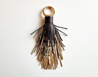 Animal print leather tassel keychain in dark brown and gold colors, Large leather tassel