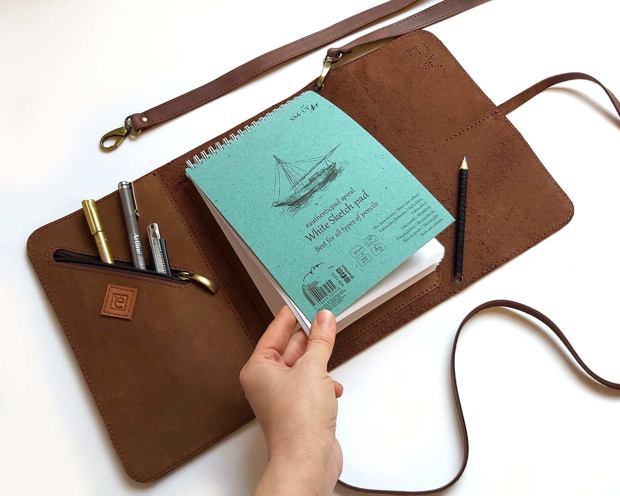 Leather Sketchpad Holder, Pen Pencil Case, Refillable Sketchbook