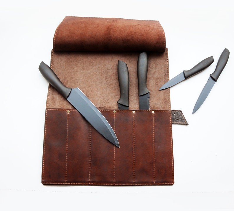 Leather knife roll Personalized chefs knife Case Dark brown Etsy