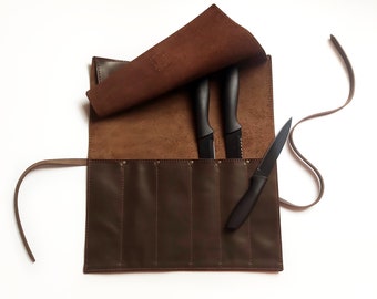 Personalized knife roll for chef, Leather knife case, Dark brown chefs bag