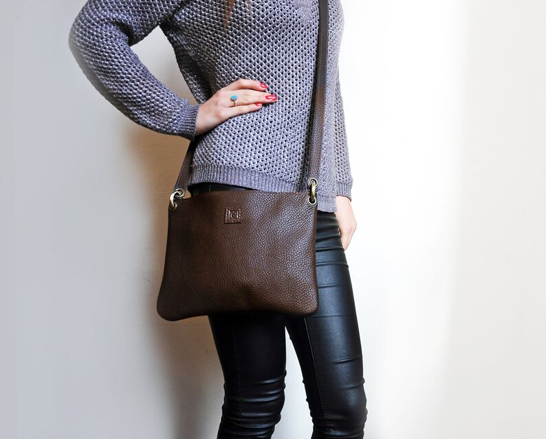 Leather Crossbody Bag With Zipper Pocket Dark Brown Leather Etsy