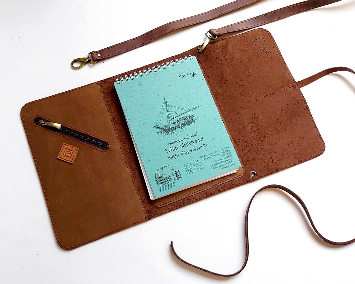 Leather Sketchbook Case With Pen Holder and Cross Body Strap Etsy