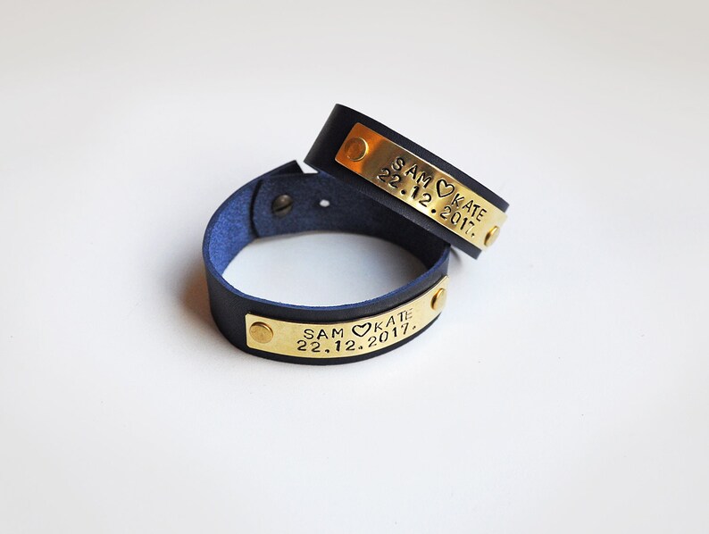 Personalized couples bracelets with names and date Leather and metal custom date cuff
