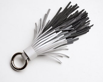 Ombre leather tassel keychain, Large tassel, Gray tones