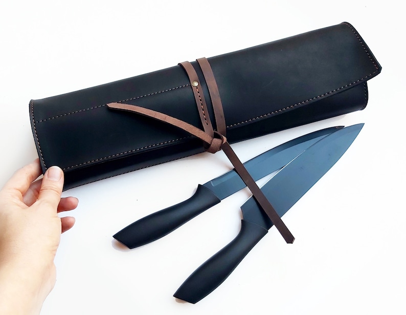 Black leather chefs knife roll, Personalized knife Case, Leather chefs bag 画像 7