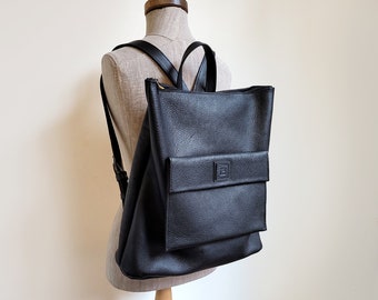 Leather backpack with a laptop sleeve, Black large leather unisex backpack