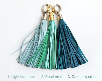 Leather Tassel, Light turquoise, Pearl mint or Turquoise long tassel, Large tassel