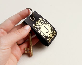 Monogram leather key chain with two letters. Gold personalized leather key fob