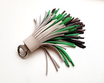 Ombre leather tassel keychain, Large tassel, Gray and green tones