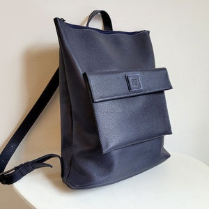 Leather backpack with a laptop sleeve, Navy blue large leather unisex backpack