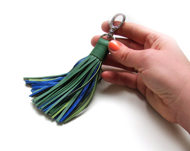 Leather Tassel Green and Blue Tassel Keychain Etsy