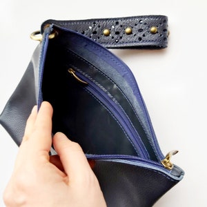 Leather wristlet clutch, Navy clutch bag with luxurious wrist strap image 5