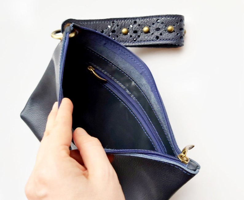 Leather wristlet clutch, Navy clutch bag with luxurious wrist strap image 5