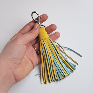 Leather Tassel, Large, Yellow and Light turquoise image 4