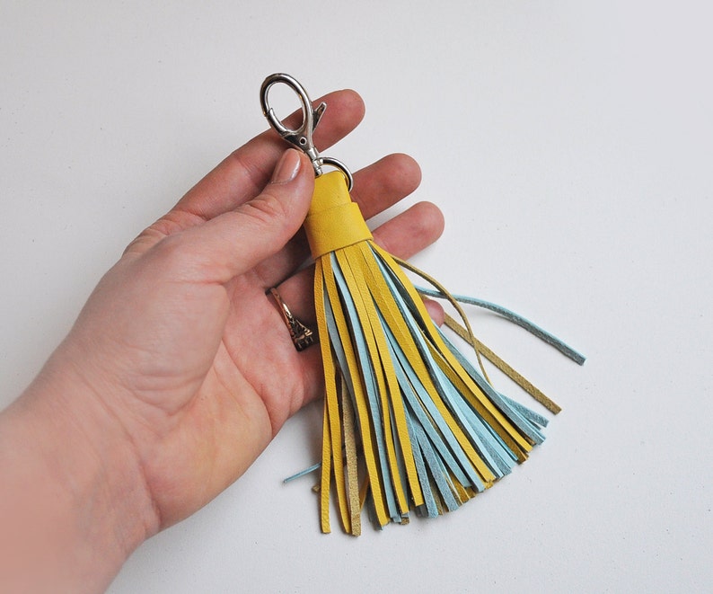 Leather Tassel, Large, Yellow and Light turquoise image 4