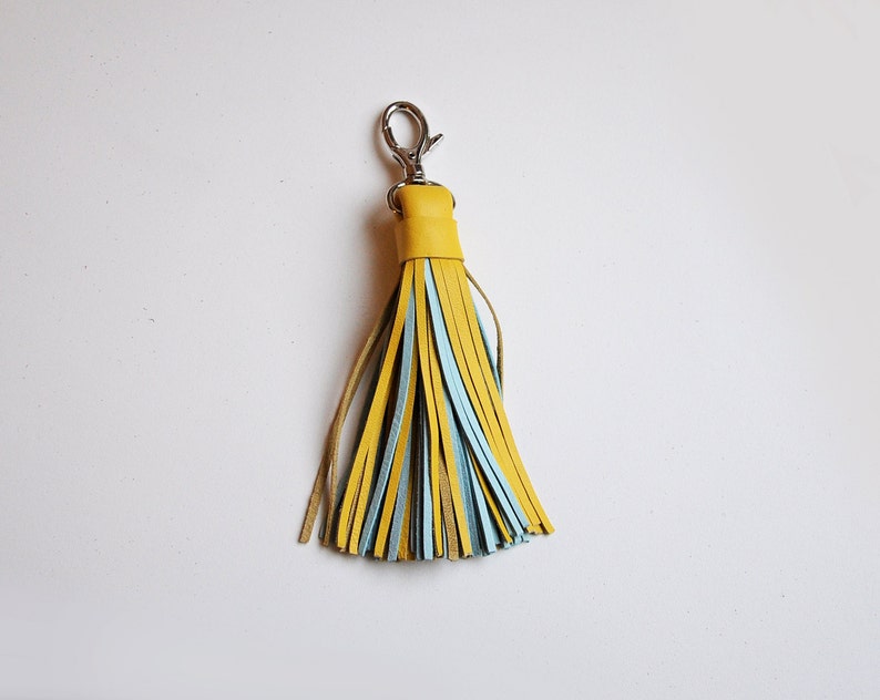 Leather Tassel, Large, Yellow and Light turquoise image 3