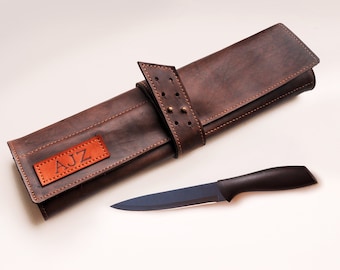 Personalized chef knife roll, Leather knife bag