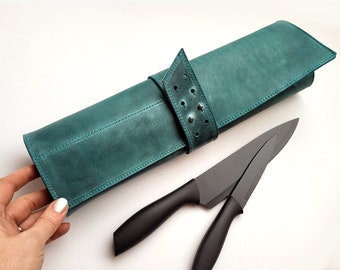 Leather knife roll, Turquoise personalized chefs knife case