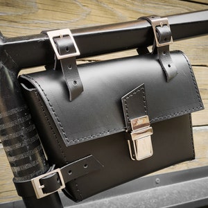 Black Leather bicycle bag, Bicycle crossbar pouch, Bike tool bag