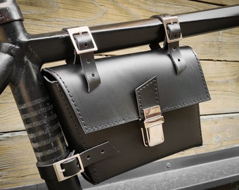 Black Leather bicycle bag, Bicycle crossbar pouch, Bike tool bag
