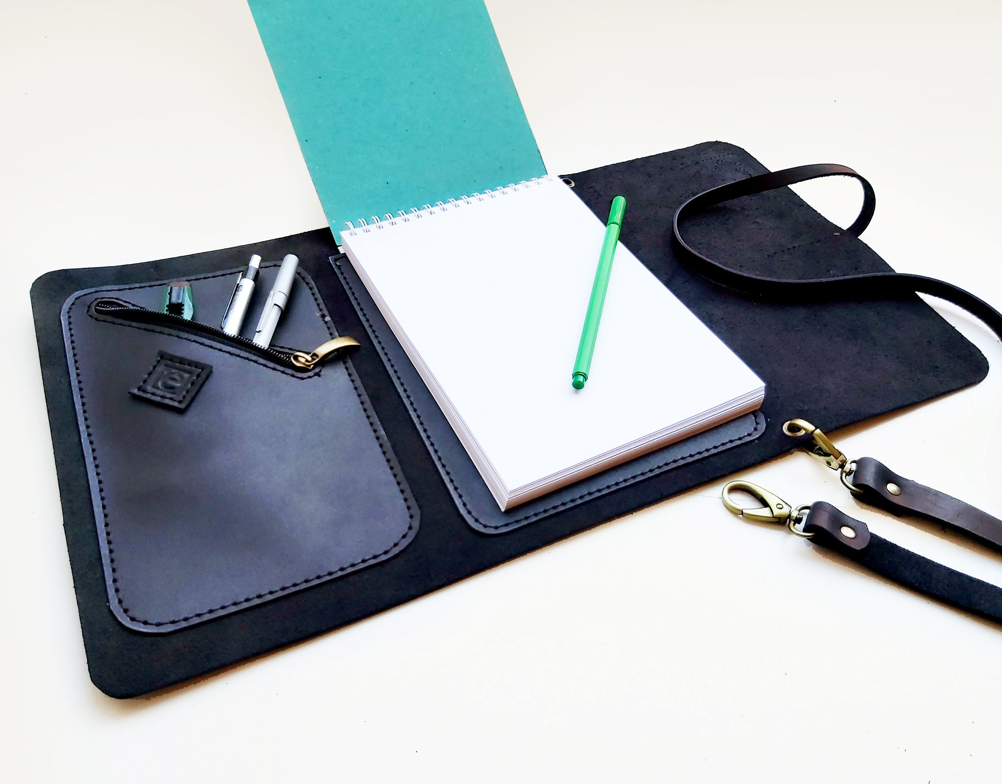Leather sketchbook case with pen holder and cross body strap Etsy