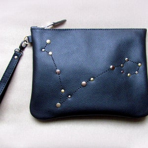 Personalized zodiac leather clutch bag, studded zipper pouch