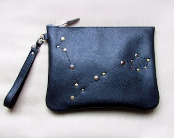 Personalized zodiac leather clutch bag, studded zipper pouch