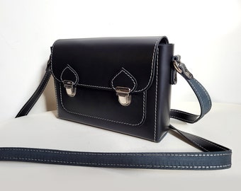Black leather messenger bag. Natural leather satchel crossbody bag