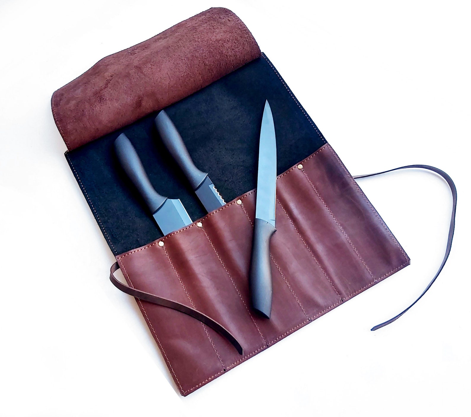 Black Leather Chefs Knife Roll Personalized Knife Case Etsy