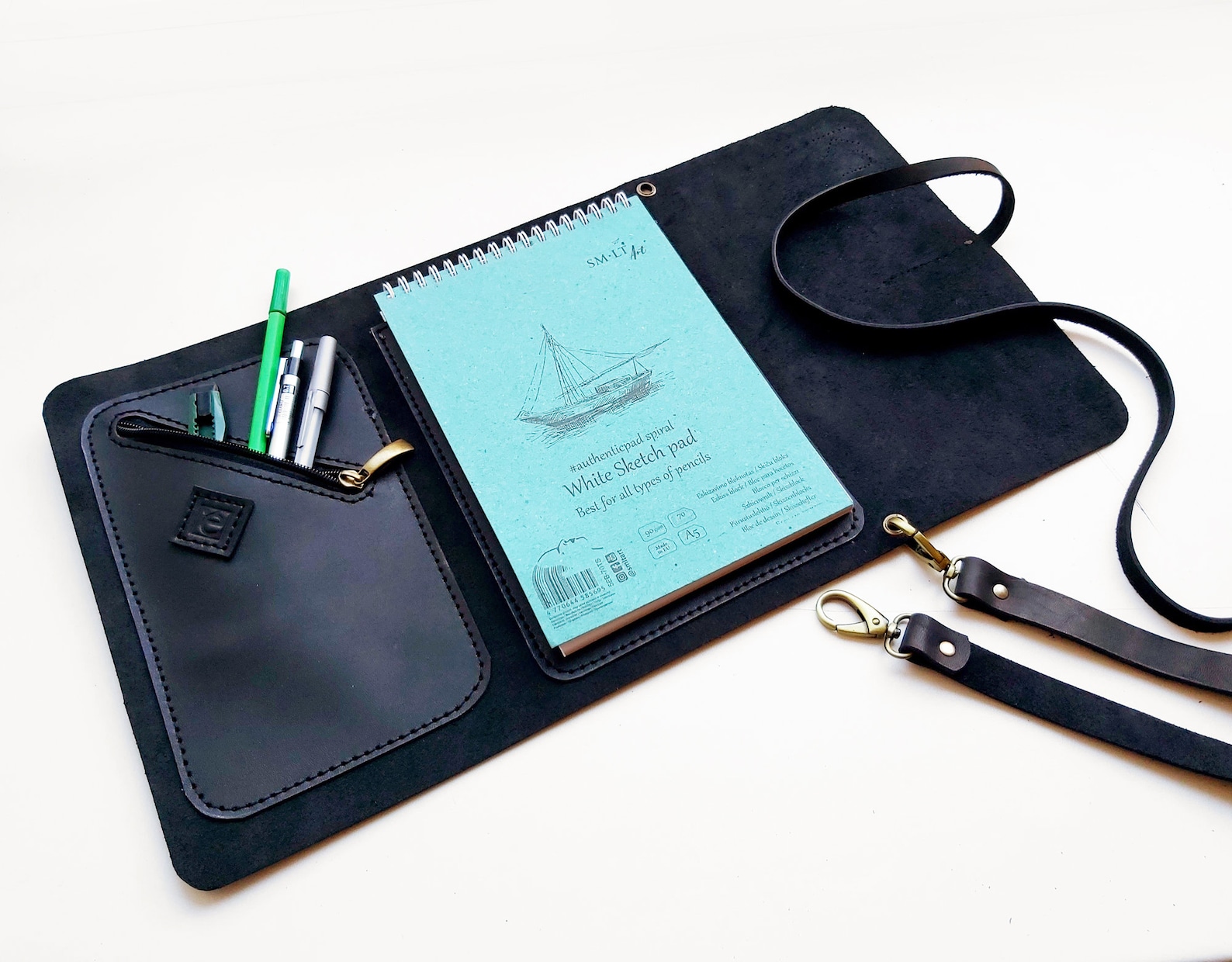 Leather Sketchbook Case With Pen Holder and Cross Body Strap Etsy