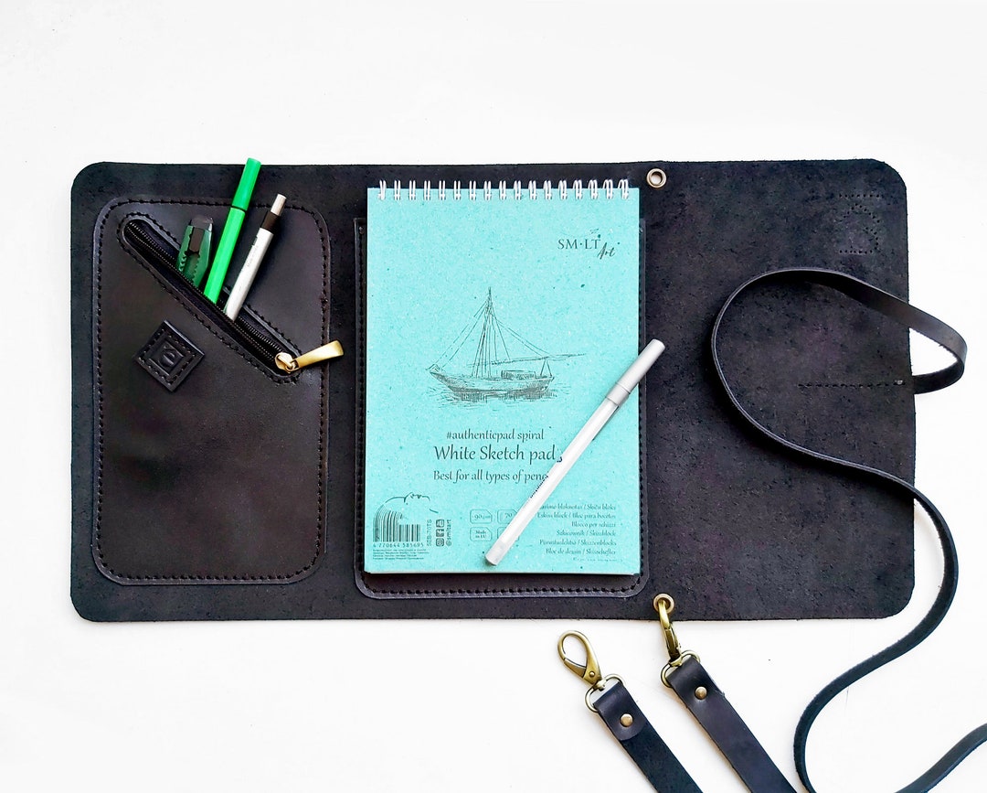 Leather Sketchbook Case With Pen Holder and Cross Body Strap Etsy