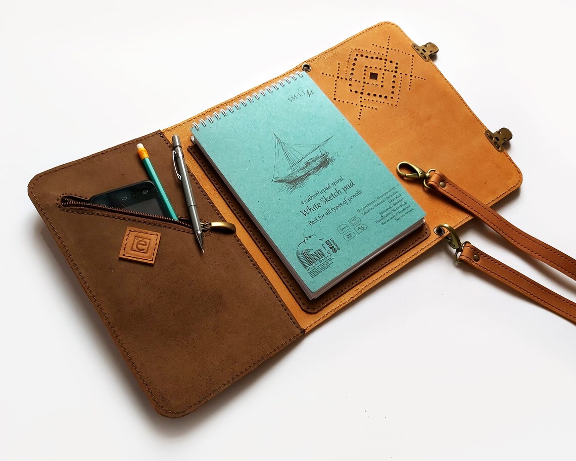 Leather Sketchbook Case With Pen Holder and Cross Body Strap Etsy