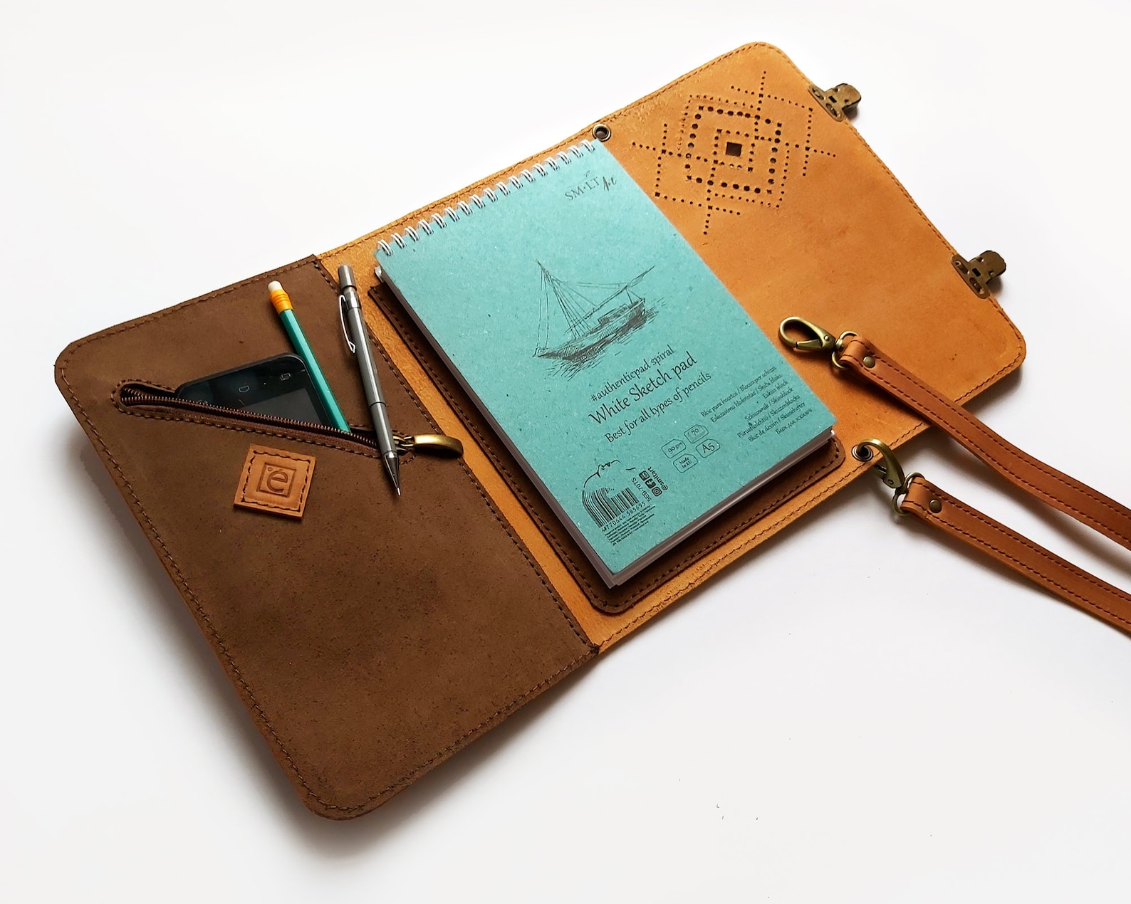 Leather Sketchbook Case With Pen Holder and Cross Body Strap Etsy