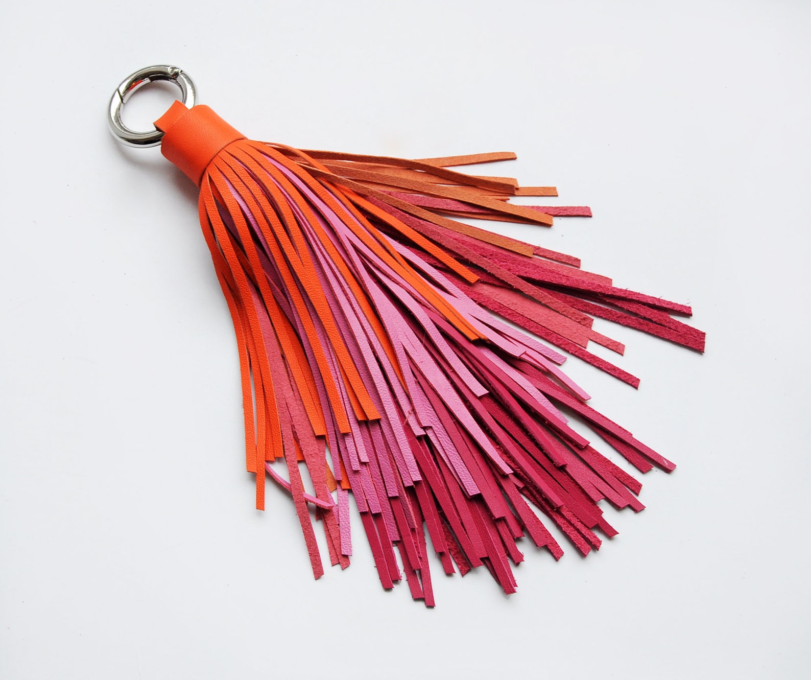 Leather Tassel Keychain Large Tassel Hot Orange and Pink Etsy