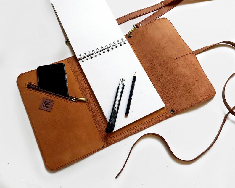 Leather Sketchbook Case With Pen Holder and Cross Body Strap Etsy