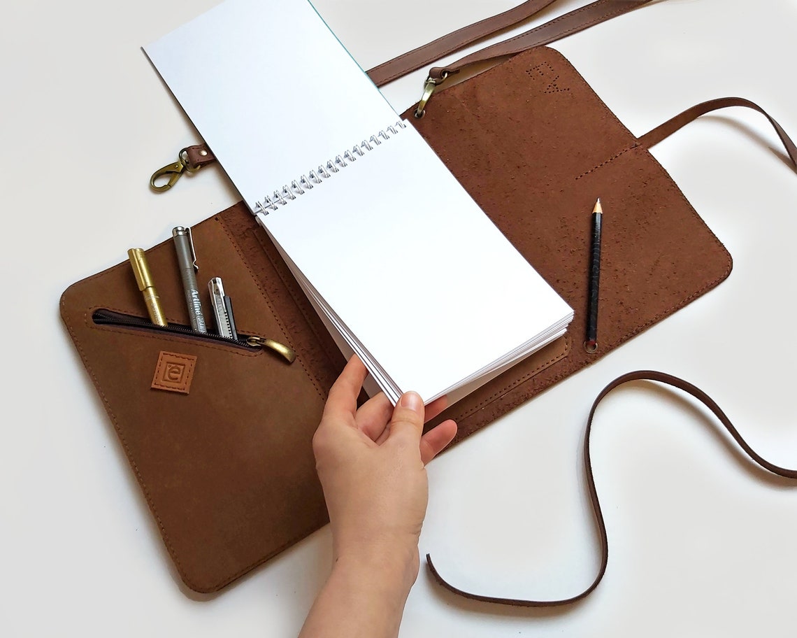 Leather Sketchbook Case With Pen Holder and Cross Body Strap Etsy