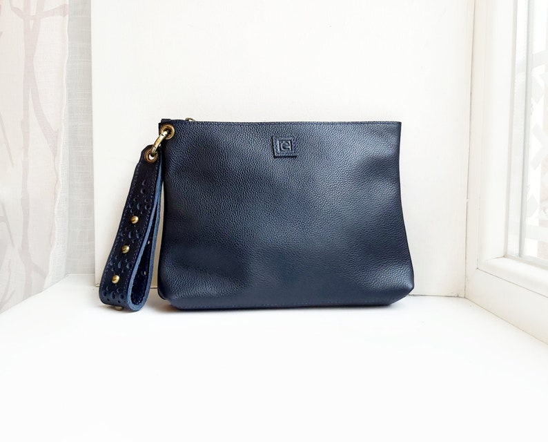 Leather wristlet clutch, Navy clutch bag with luxurious wrist strap image 2