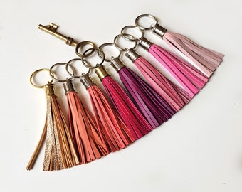 Leather tassel keychain, Pink tones tassel key fob with metal cup and ring