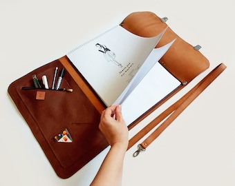 Leather artist portfolio case, A3 sketchbook case with pen holder and cross body strap