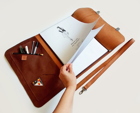 Leather Artist Portfolio Case, A3 Sketchbook Case With Pen Holder and Cross  Body Strap 