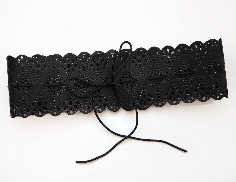 Wide, black leather lace belt, Obi belt for womens image 5
