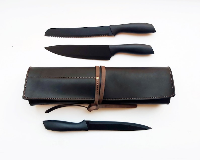 Black leather chefs knife roll, Personalized knife Case, Leather chefs bag 画像 1