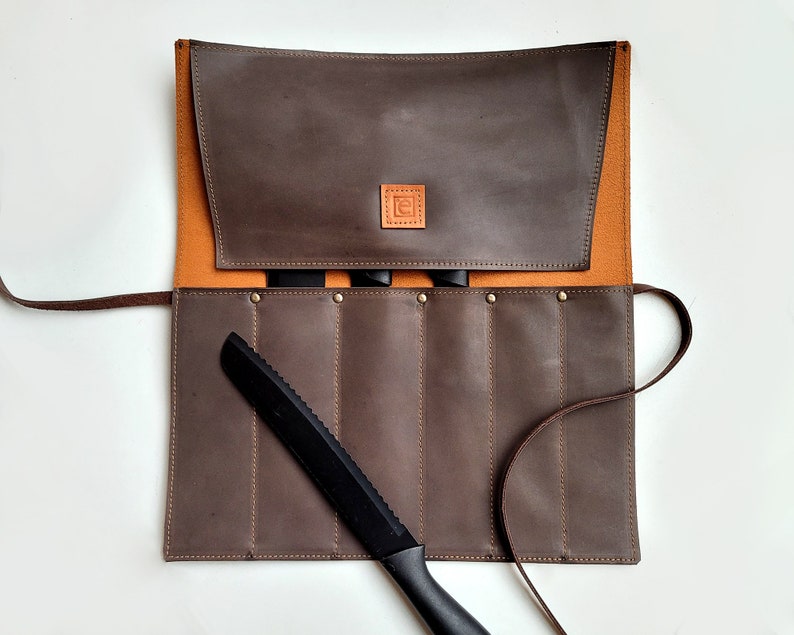 Rouleau de couteaux de chef en cuir, étui à couteaux personnalisé, sac de chef en cuir marron image 3