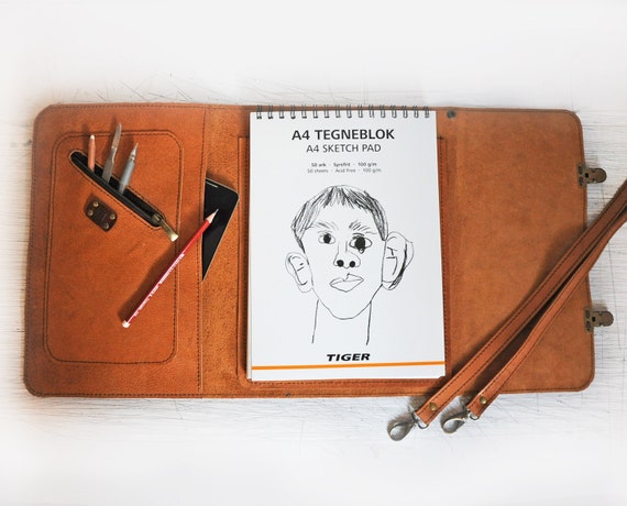 Leather Artist Portfolio Case, A3 Sketchbook Case With Pen Holder
